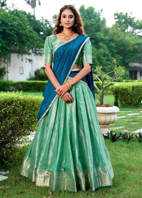 green art silk printed Onam lehenga choli 1