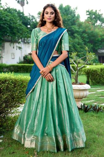 green art silk printed Onam lehenga choli