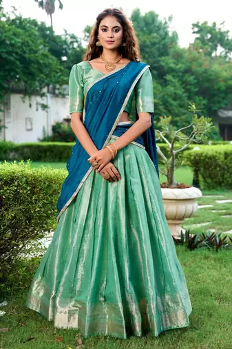 green art silk printed Onam lehenga choli