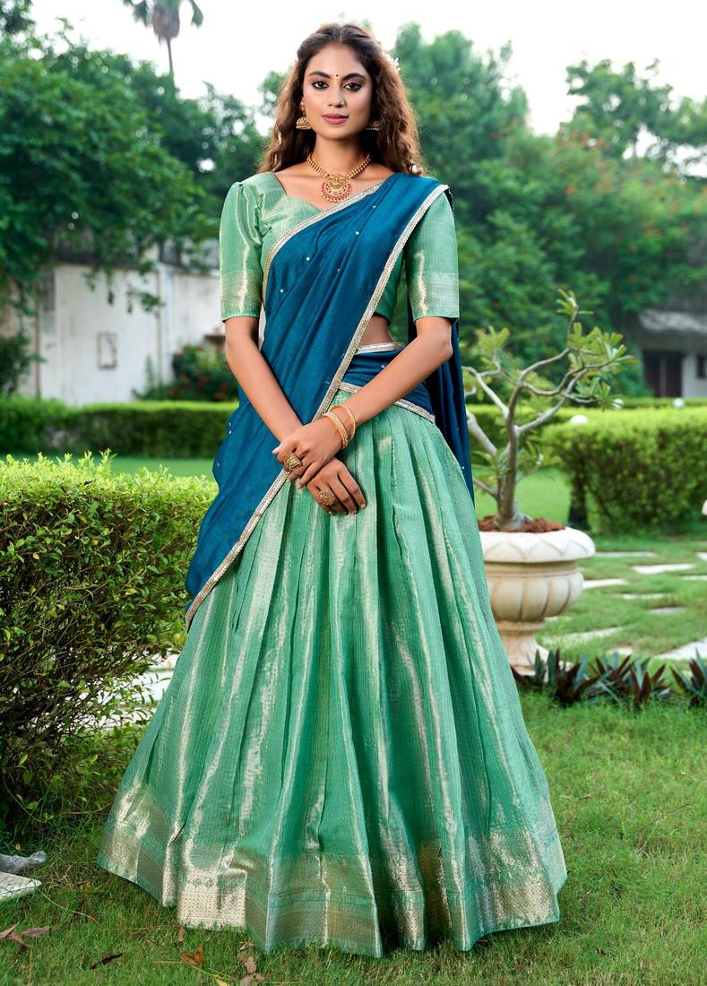 green art silk printed Onam lehenga choli