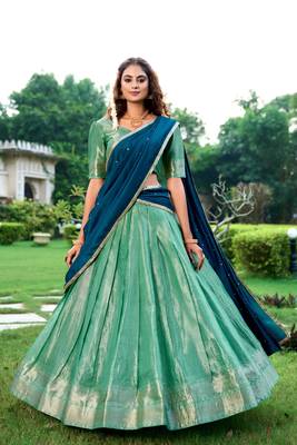 green art silk printed Onam lehenga choli 2
