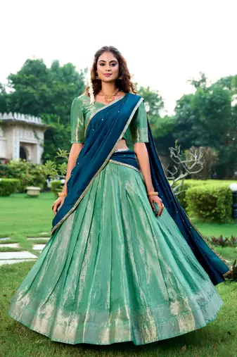 green art silk printed Onam lehenga choli