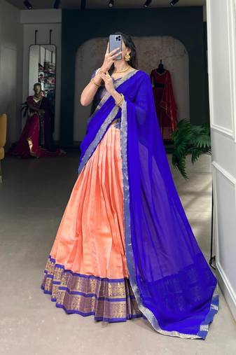 peach art silk printed Onam lehenga choli