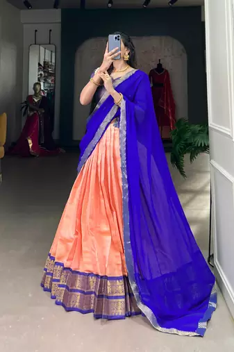 peach art silk printed Onam lehenga choli