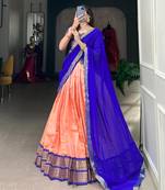 peach art silk printed Onam lehenga choli