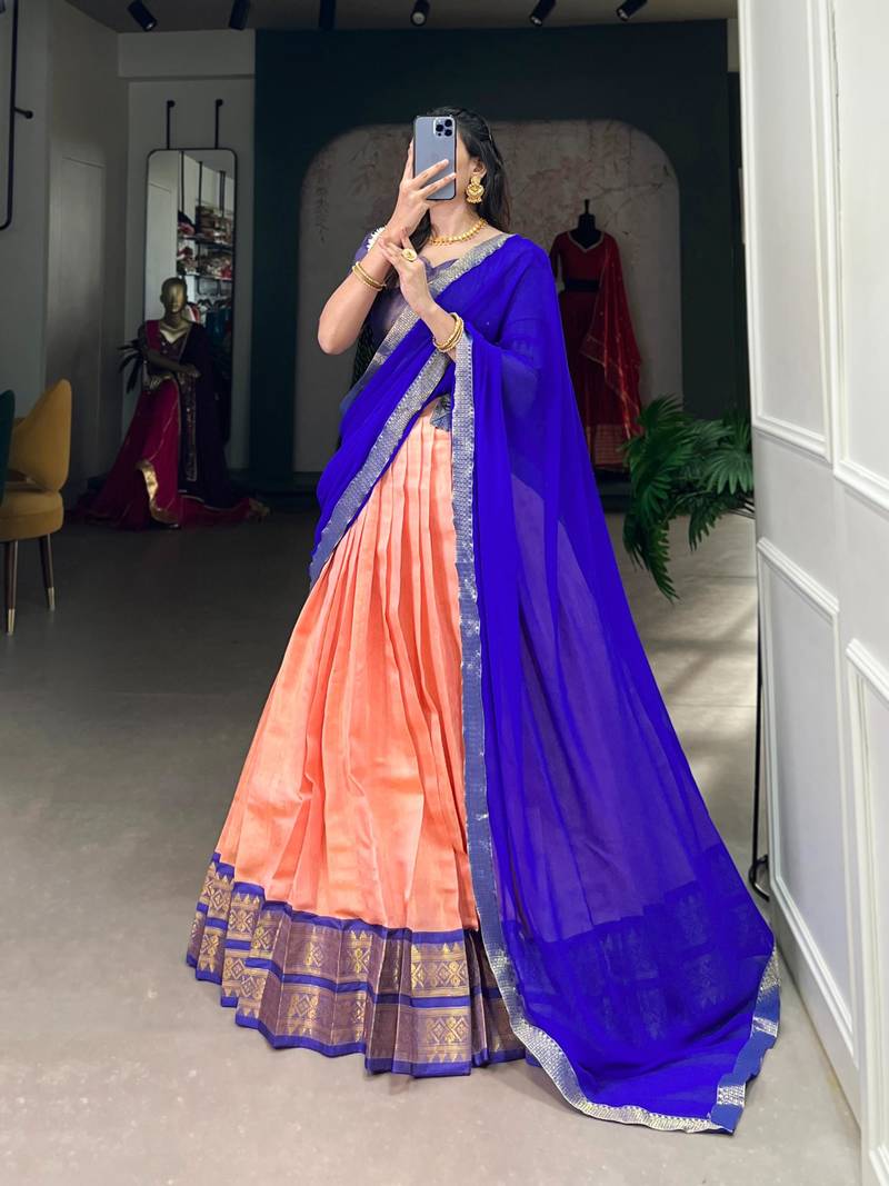 peach art silk printed Onam lehenga choli
