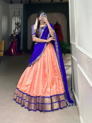 peach art silk printed Onam lehenga choli 2