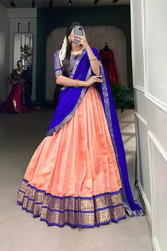 peach art silk printed Onam lehenga choli