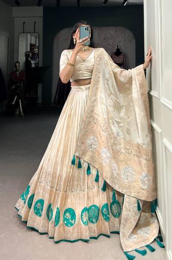 cream art silk printed Onam lehenga choli