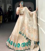 cream art silk printed Onam lehenga choli