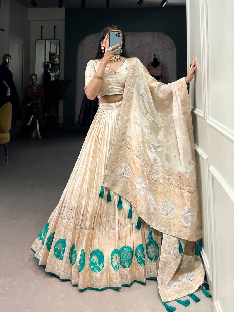 cream art silk printed Onam lehenga choli