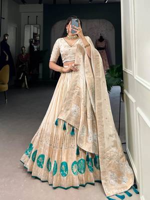 cream art silk printed Onam lehenga choli 2