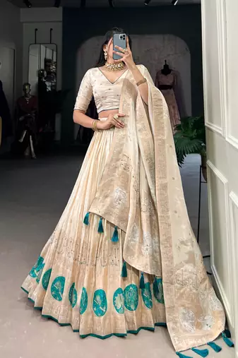 cream art silk printed Onam lehenga choli