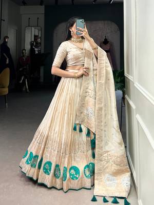 cream art silk printed Onam lehenga choli 3
