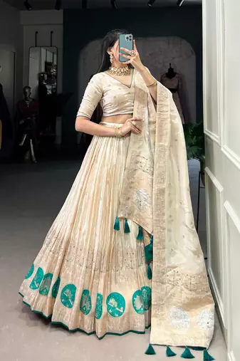 cream art silk printed Onam lehenga choli