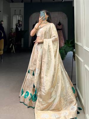 cream art silk printed Onam lehenga choli 4