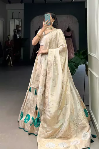 cream art silk printed Onam lehenga choli