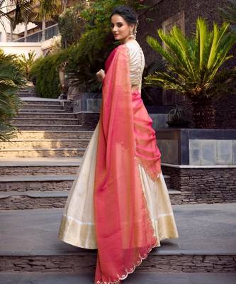 cream jacquard plain Onam lehenga choli 2