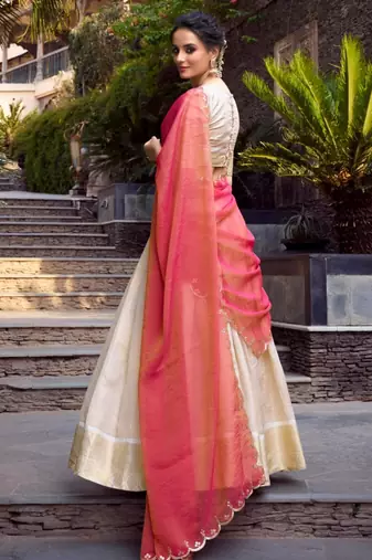 cream jacquard plain Onam lehenga choli