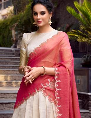 cream jacquard plain Onam lehenga choli 3