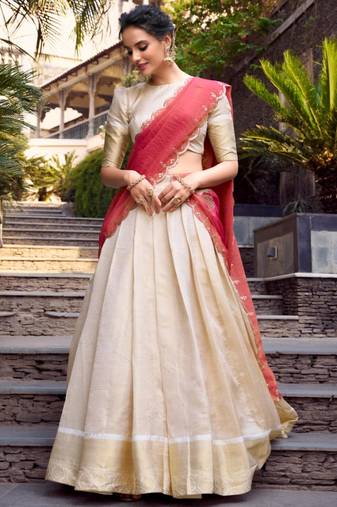 cream jacquard plain Onam lehenga choli