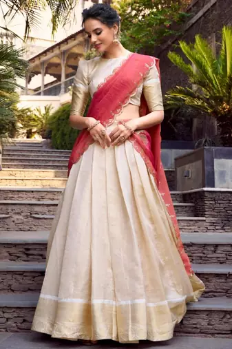 cream jacquard plain Onam lehenga choli