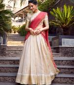 cream jacquard plain Onam lehenga choli