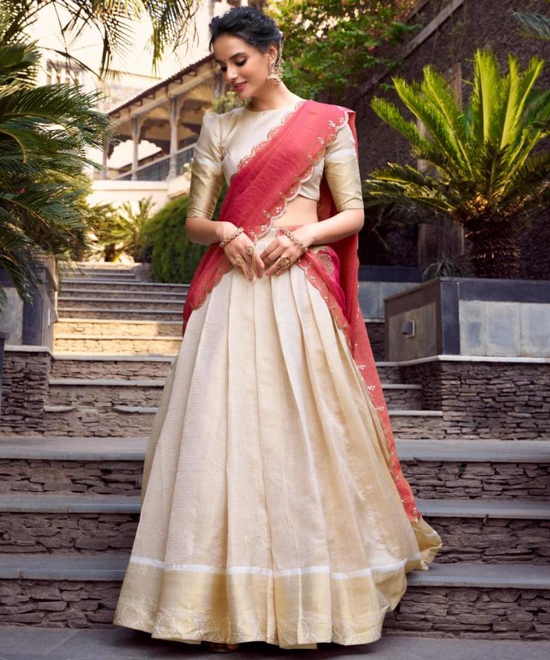 cream jacquard plain Onam lehenga choli