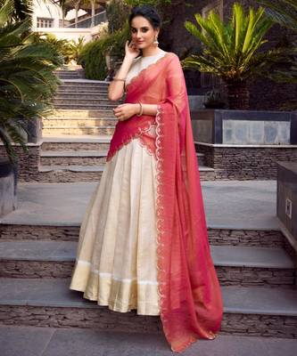 cream jacquard plain Onam lehenga choli 4