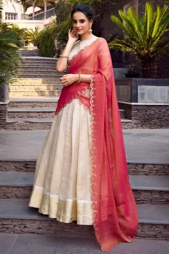 cream jacquard plain Onam lehenga choli
