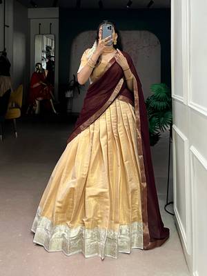 beige art silk woven Onam lehenga choli 1