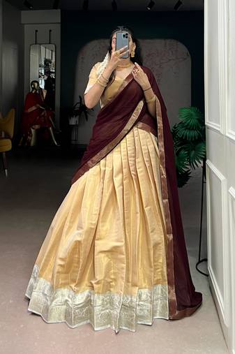 beige art silk woven Onam lehenga choli
