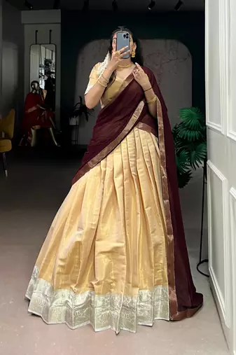 beige art silk woven Onam lehenga choli