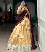 beige art silk woven Onam lehenga choli