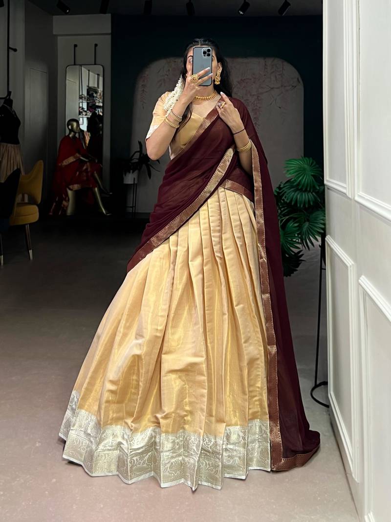 beige art silk woven Onam lehenga choli