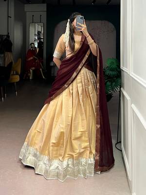 beige art silk woven Onam lehenga choli 2