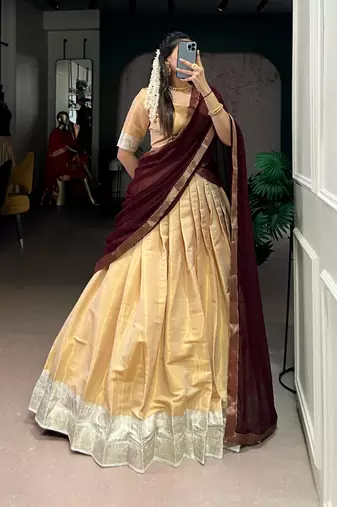 beige art silk woven Onam lehenga choli