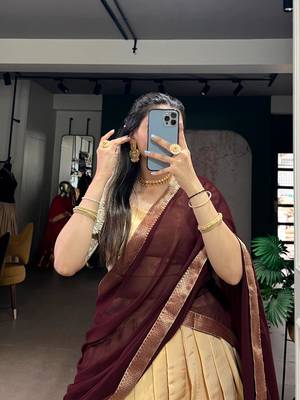 beige art silk woven Onam lehenga choli 3