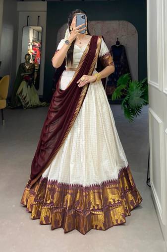 cream art silk woven Onam lehenga choli