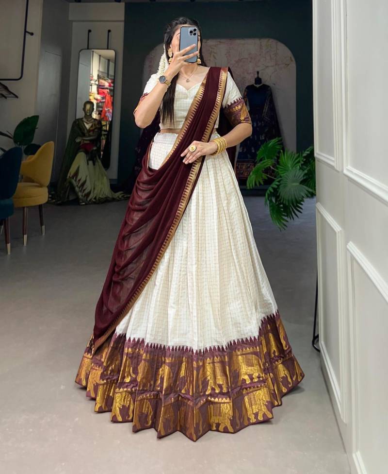 cream art silk woven Onam lehenga choli