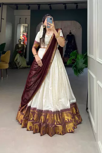 cream art silk woven Onam lehenga choli
