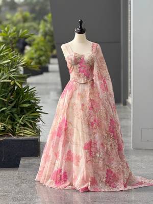 pink organza printed  lehenga choli with free size upto 42 2