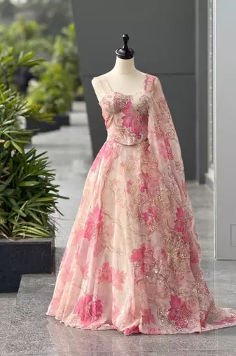 pink organza printed  lehenga choli with free size upto 42