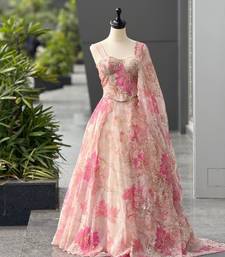 pink organza printed  lehenga choli with free size upto 42