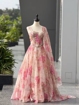 pink organza printed  lehenga choli with free size upto 42 3