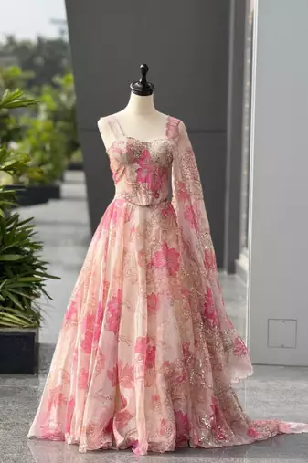 pink organza printed  lehenga choli with free size upto 42