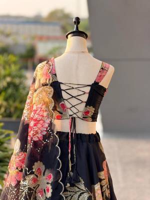 black organza printed  lehenga choli with free size upto 42 2