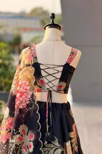 black organza printed  lehenga choli with free size upto 42