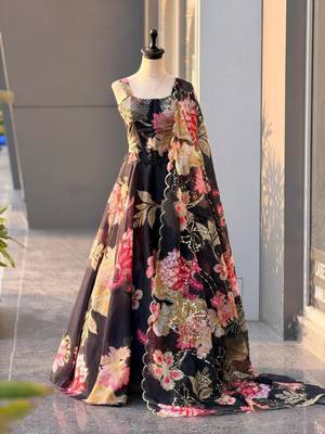 black organza printed  lehenga choli with free size upto 42 3