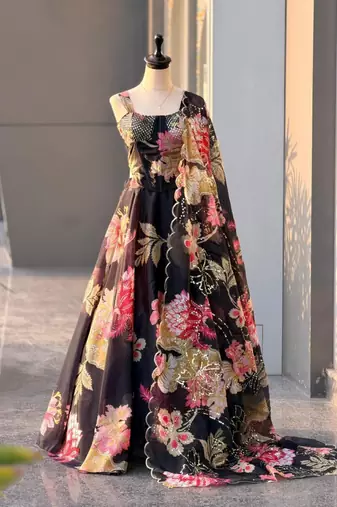 black organza printed  lehenga choli with free size upto 42